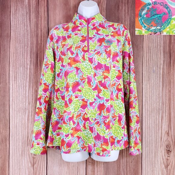 IBKUL Rolling Rock Club Womens XL Turtles at Sea Hot Pink 1/4 Zip Golf Pullover - Picture 1 of 15